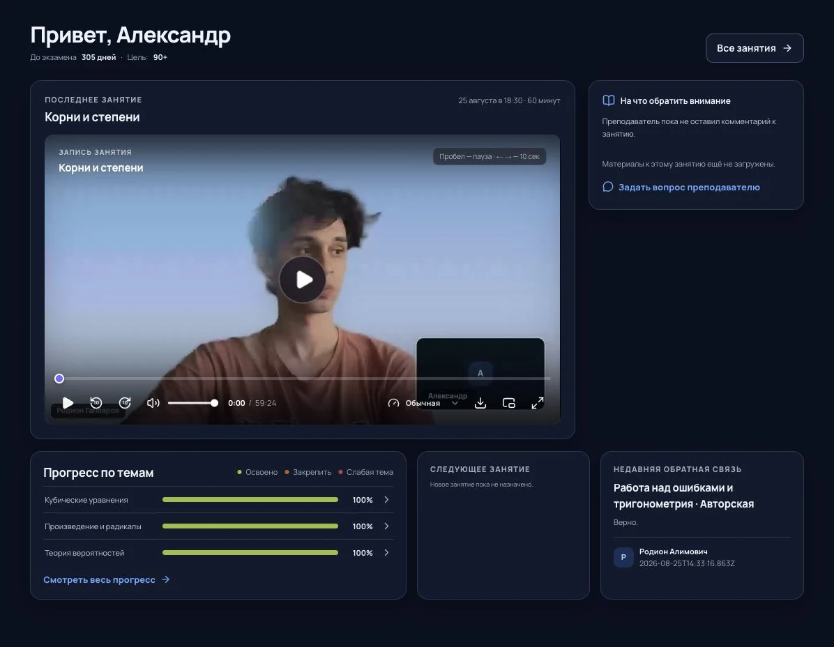 Настоящий интерфейс личного кабинета ученика ТОЧКИ